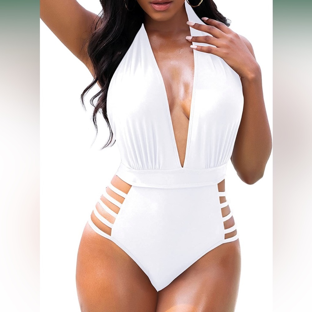 Aqua Eve white halter strappy side Swimsuit M NWT